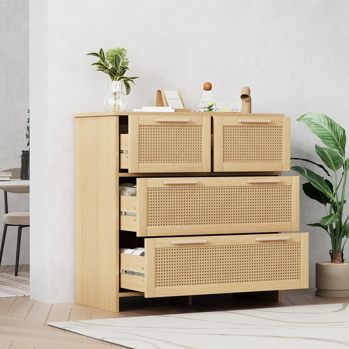 KOMODA z MDF a masivního dřeva 80x80x38 cm přírodní se 4 zásuvkami, ratanovým čelem a ochranou proti převrácení - přírodní, kompozitní dřevo (38/80/80cm) - Modfu