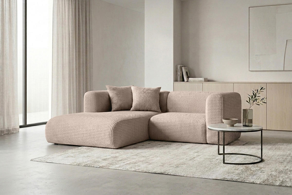 ECKSOFA L-Form mini, Chenille-Stoff Cremona, Beige, Links, GRETA - Beige, Holz (226/179cm) - Kaiser Möbel