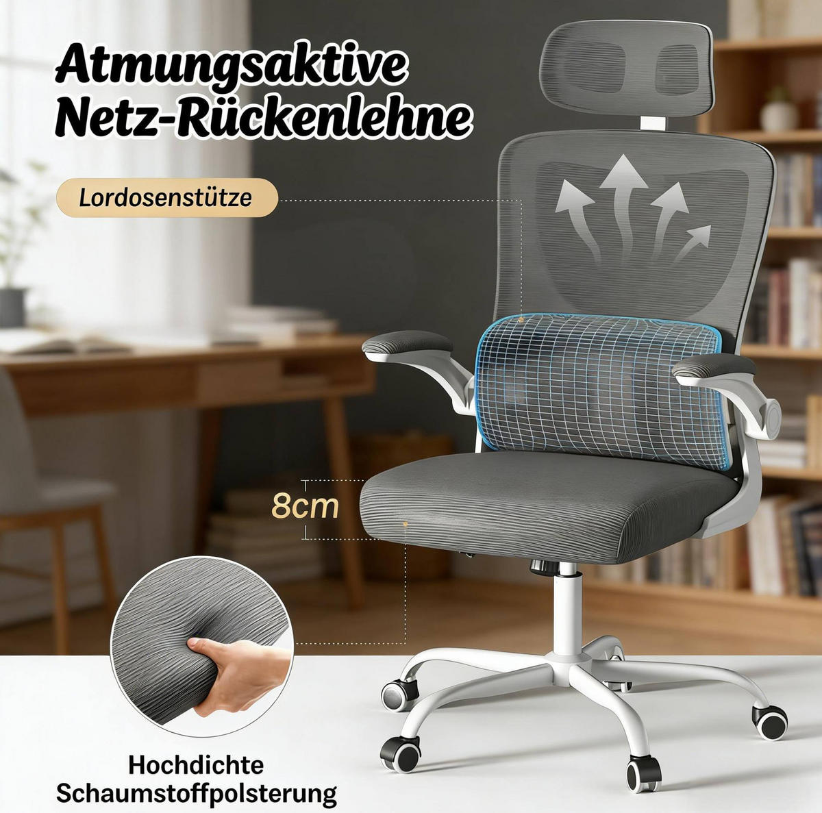 BÜROSTUHL ergonomisch höhenverstellbar Grau mit Rollen - Grau, Metall (62/123.5/67.5cm) - Meubliv