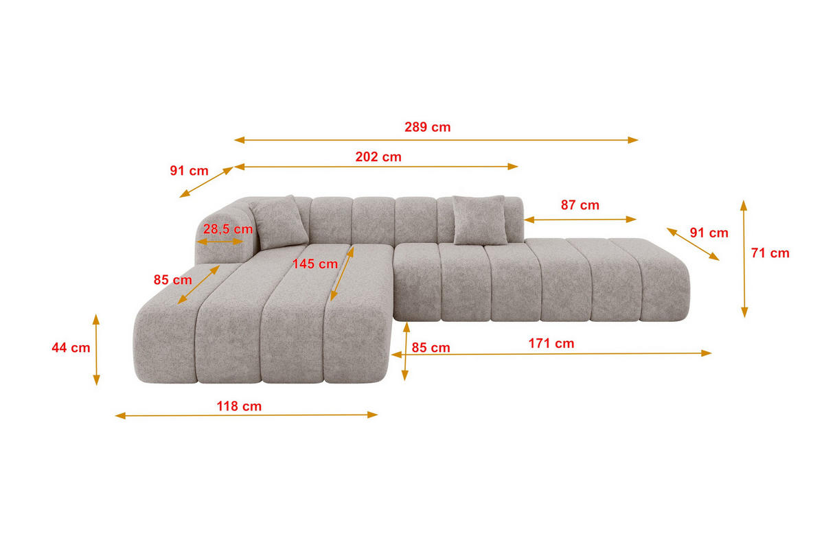 ROHOVÁ SEDAČKA s otomanem, levá BILA-L 289x176x71 Světle šedá Žinylka - černá/světle šedá, kompozitní dřevo/textil (176/289cm) - ALTDECOR
