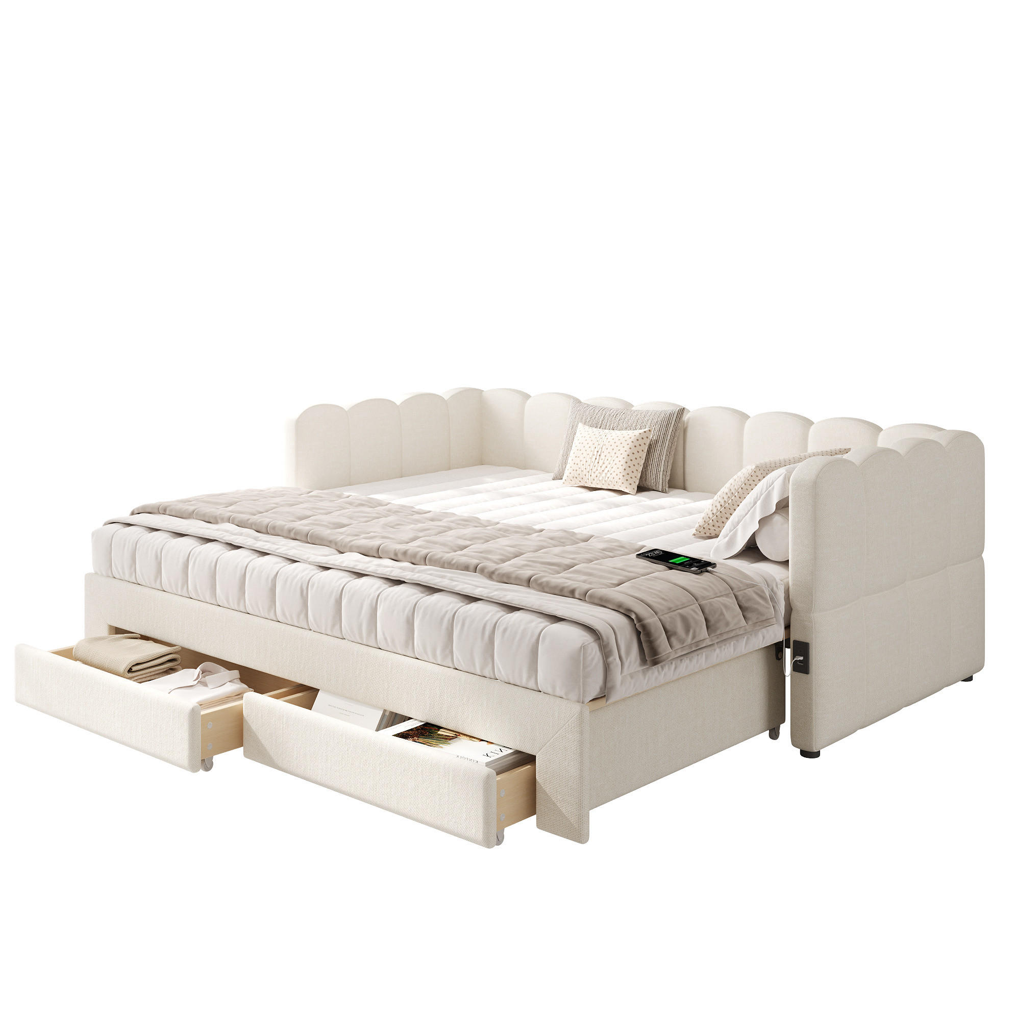 DNEVNI krevet od lanene tkanine 90x190 cm bež, izvlačiv na 180x190 cm s USB i Type-C priključcima te 2 ladice - bež, tekstil (90/190cm) - Modfu