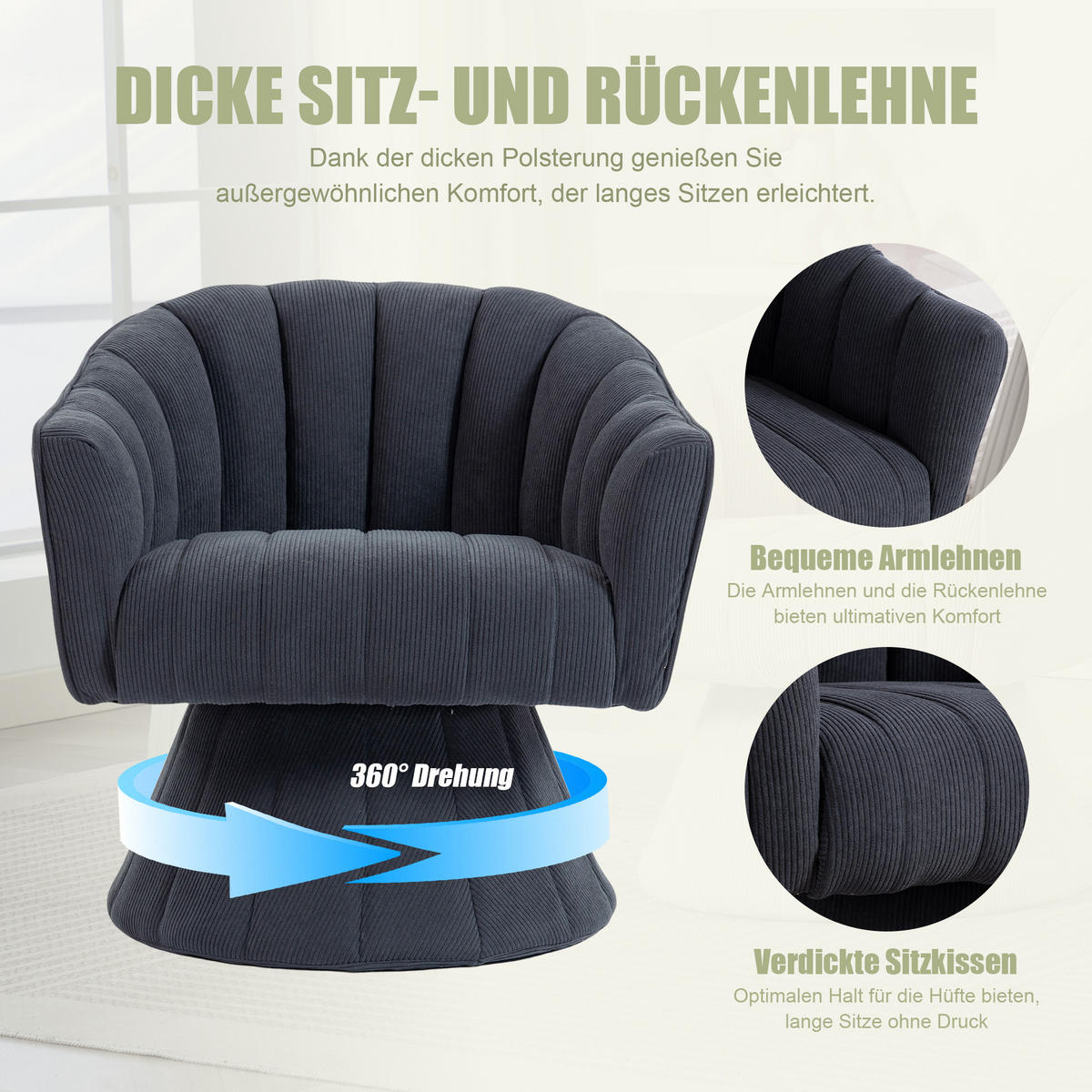 DREHSTUHL Cord Dunkelgrau drehbar - Dunkelgrau, Holzwerkstoff/Textil (70/72/66cm) - WISHDOR
