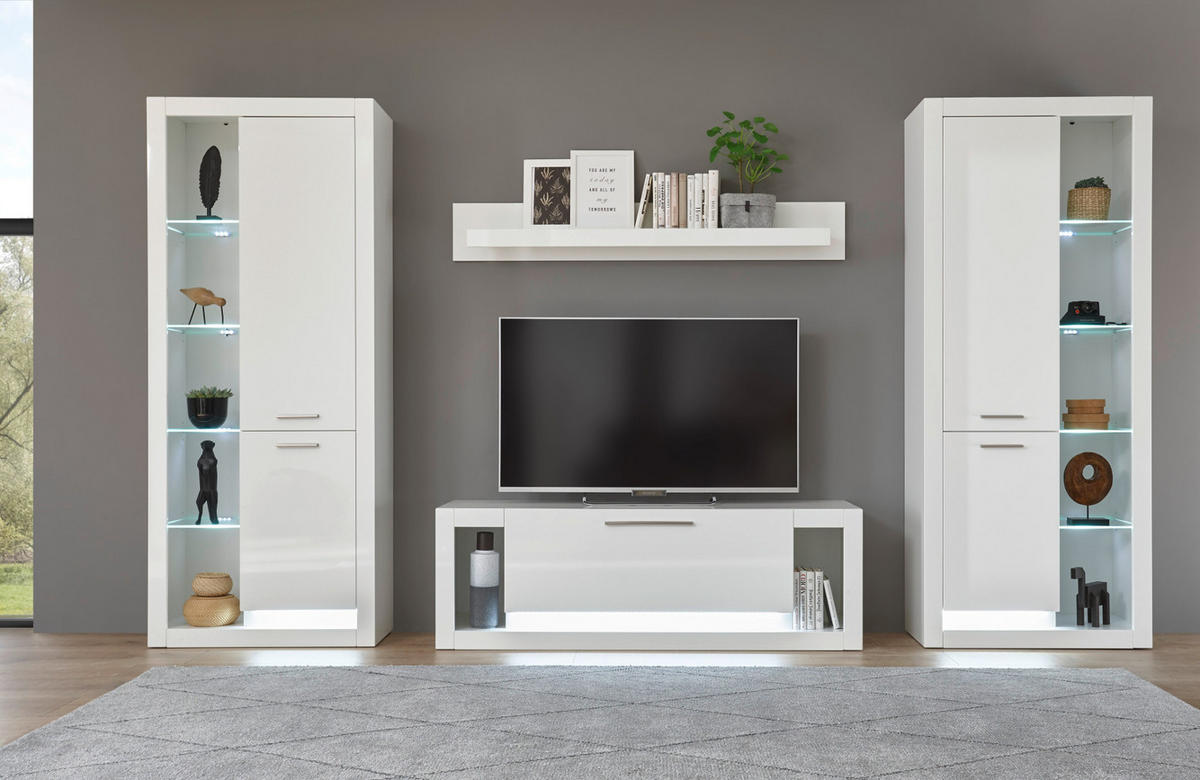WOHNWAND weiß Hochglanz 4-teilig 350 cm, Schrankwand mit viel Stauraum - Weiß Hochglanz/Silberfarben, Glas/Holzwerkstoff (350/198/43cm) - Furn.Design