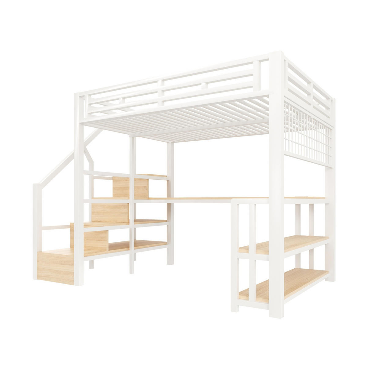 HOCHBETT 140/200 cm mit Schreibtisch, LED-Lichtleiste, USB und Stauraumtreppe aus Metall/MDF, Weiß - Weiß, Metall (140/200cm) - Redom