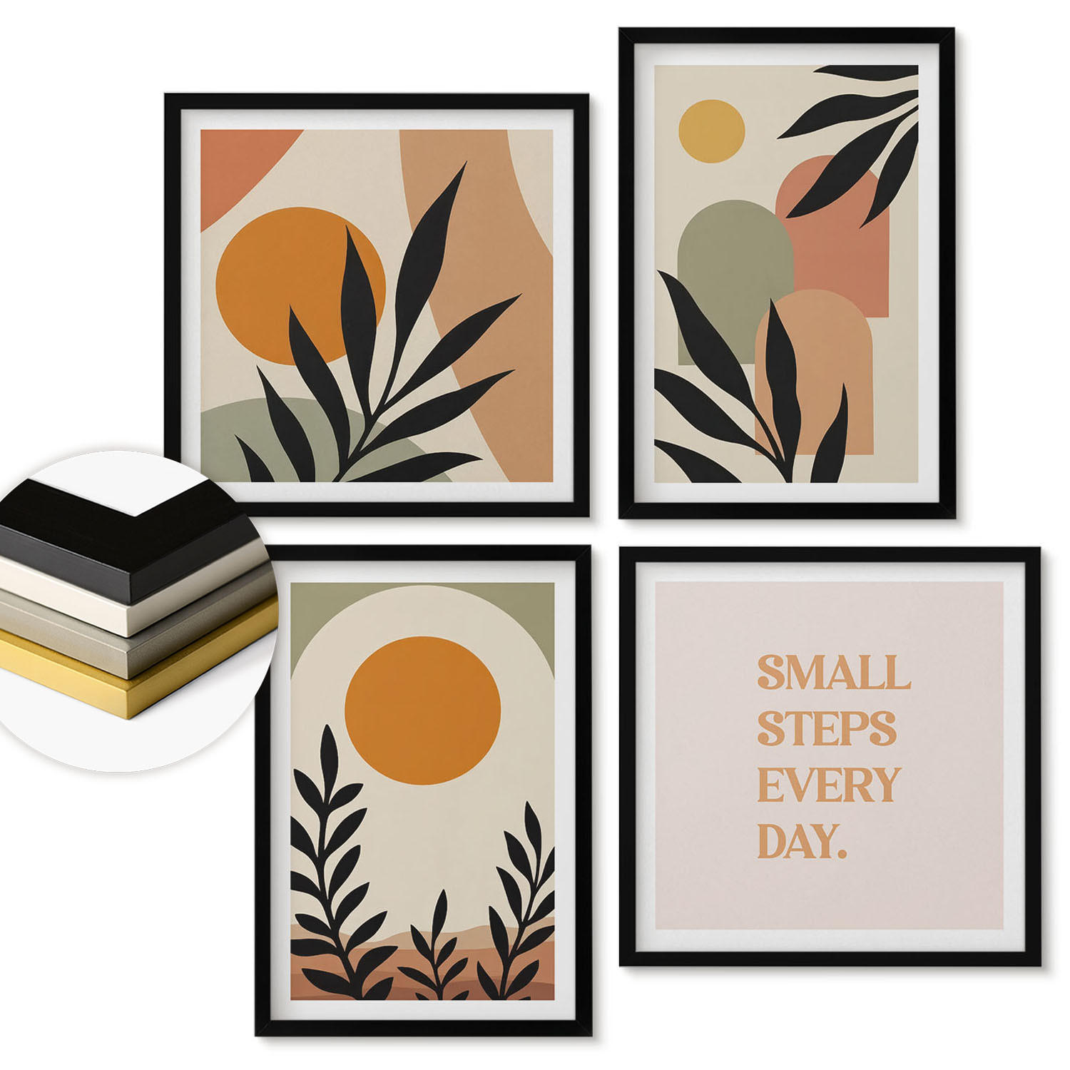 WANDBILDER 4er-Set - 50x50 cm & 40x60 cm Schwarzer Rahmen - Abstrakte Pflanzenmotive - Schwarz, Kunststoff (50/50cm) - ArtPrintCave