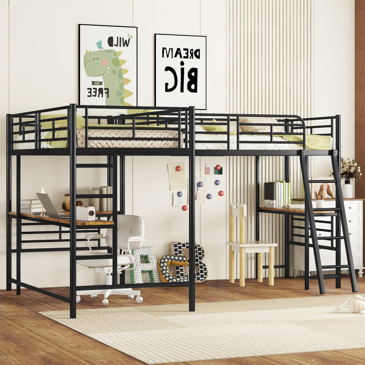 HOCHBETT 90x200cm Schwarz zwei Etagenbetten Tisch Doppeltreppe - Schwarz, Holz (90/200cm) - FLIEKS