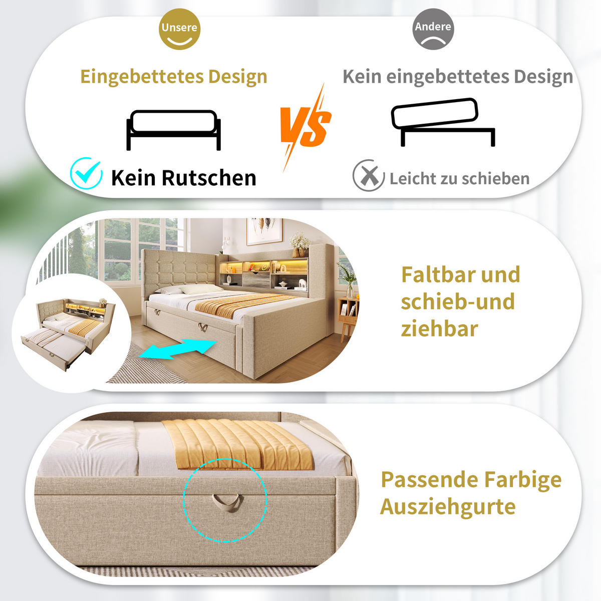 POLSTERBETT 90/200 cm aus Leinen mit Ausziehbett 90/190 cm, LED, USB-C, Stauraum und L-förmigem Kopfteil, Beige - Beige, Textil (90/200cm) - Redom