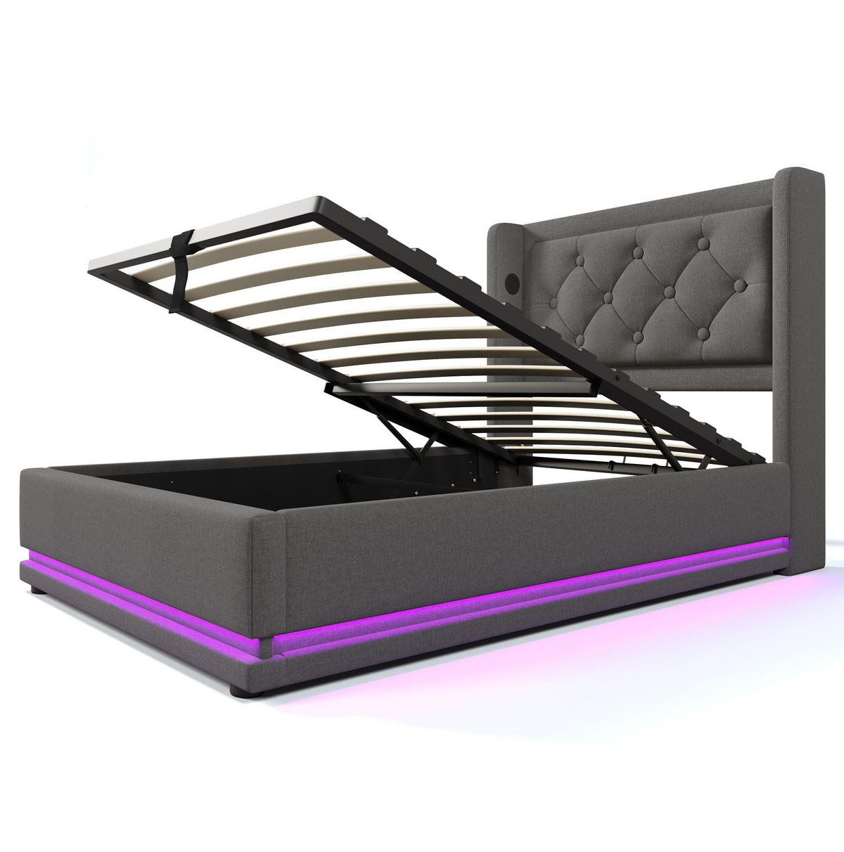 BETT mit Stauraum 90x200 cm Baumwolle Grau mit USB und LED - Grau, Metall (90/200cm) - Meubliv