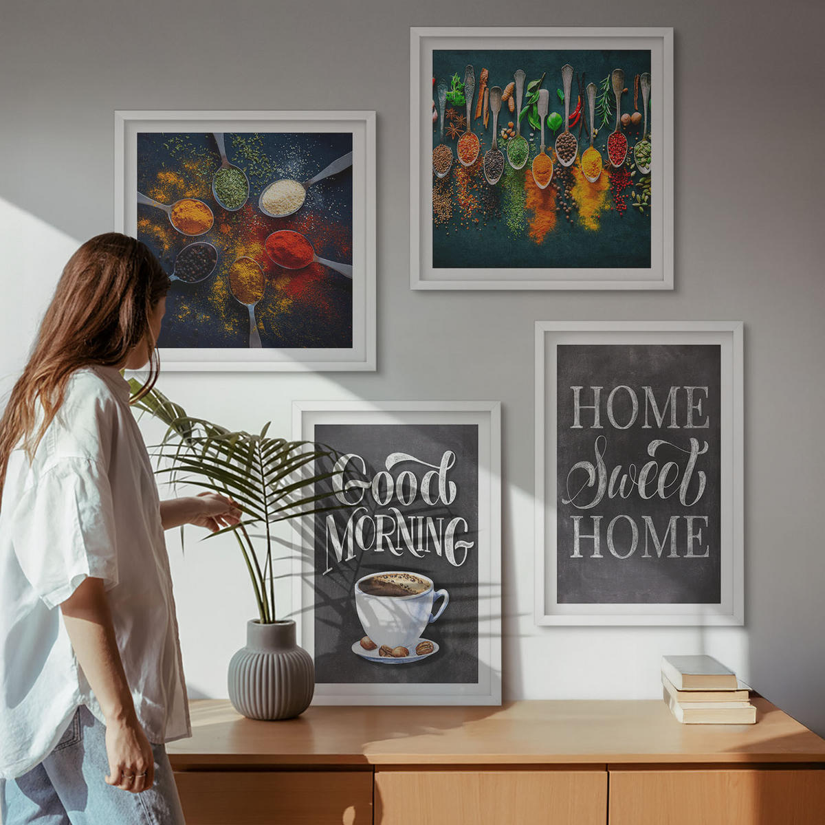 BILDER SET 4er Set - 50x50 cm & 40x60 cm Weißer Rahmen - Gewürze, Kaffee, Tasse, Kräuter - Weiß, Kunststoff (50/50cm) - TULUP