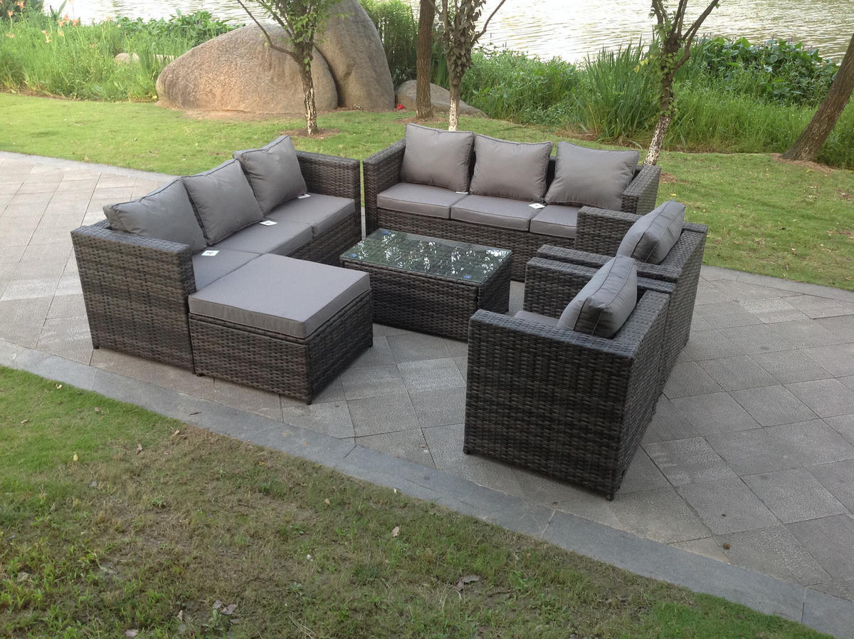 GARTENSOFA Hohe Rückenlehne Polyrattan 9-Sitzer - Dunkelgrau/Grau, Glas/Kunststoff - Fimous