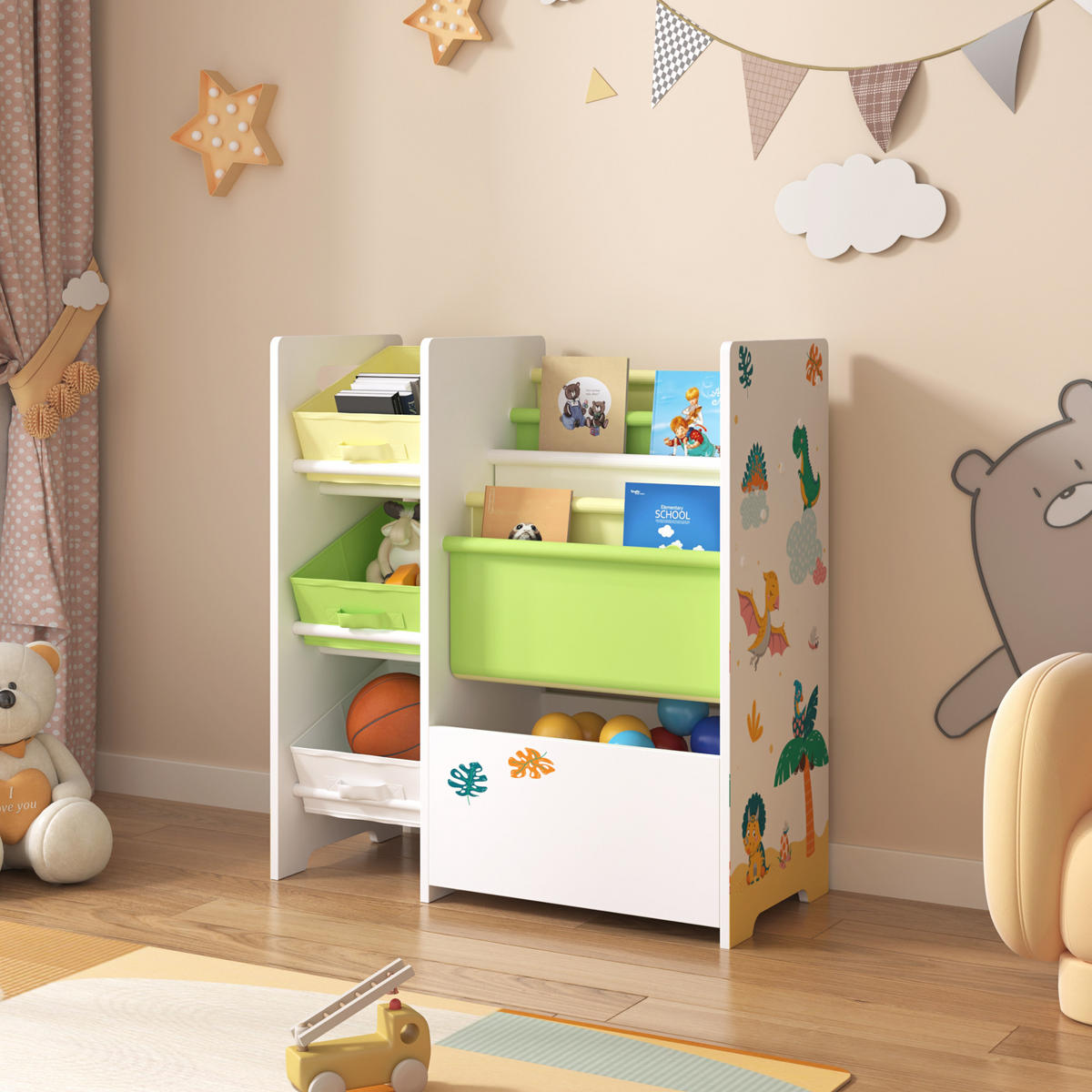 KINDERREGAL Vimianzo - Gelb/Weiß, Holzwerkstoff/Textil (65/60/30cm) - [en.casa]
