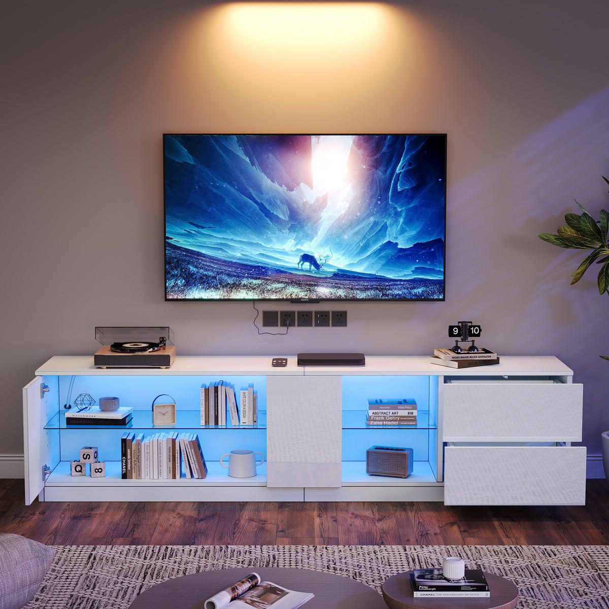 LOWBOARD TV-Schrank 160/40/52 cm für 65 Zoll mit Hochglanz & LED 16 Farben, MDF/Glas, 80 kg Traglast - Weiß, Glas/Holzwerkstoff (160/52/40cm) - EVRYAE