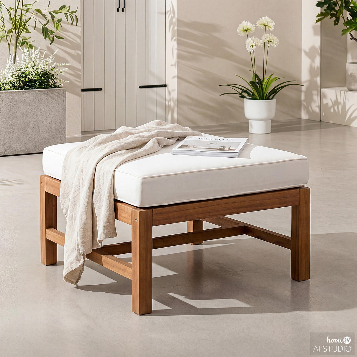 LOUNGEHOCKER - Akazie massiv / Polyester - Braun / Beige - Beige/Braun, Holz/Textil (60/40/60cm) - home24