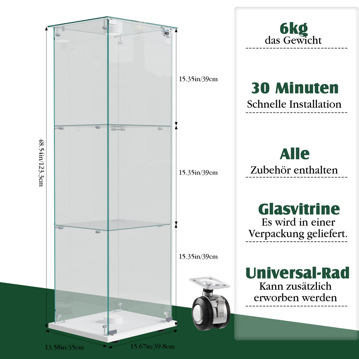 VITRINE, 3 Einlageplatten, einflügelige Glastür mit Schloss, Touch-Spot-Leuchten, Weiß - Weiß, Glas (39.8/123.3/35cm) - BRILVERDE