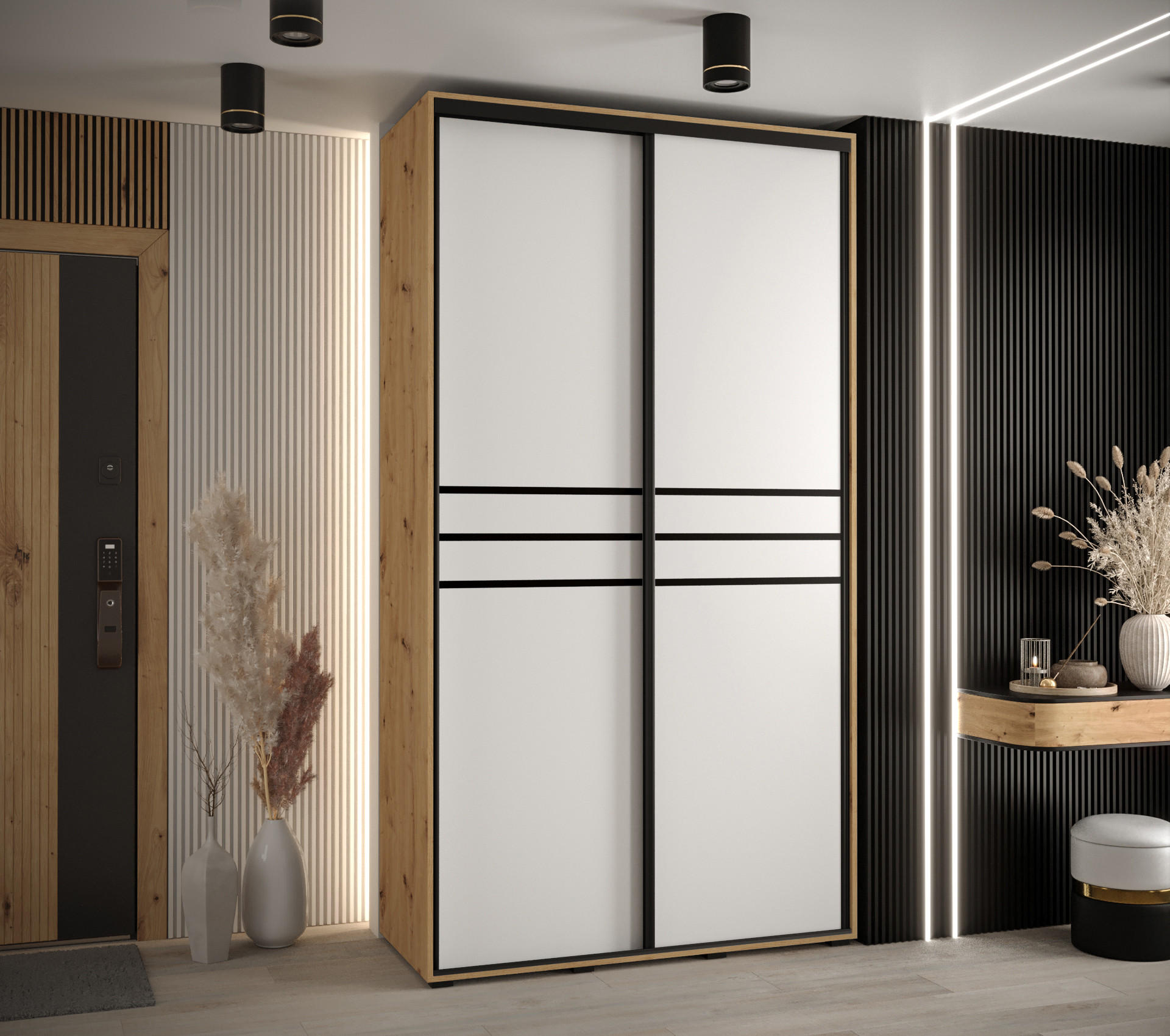 SCHWEBETÜRENSCHRANK 235,2/140/45 2-türig - Schwarz/Weiß, Holz/Metall (140/235/45cm) - Abiks Möbel