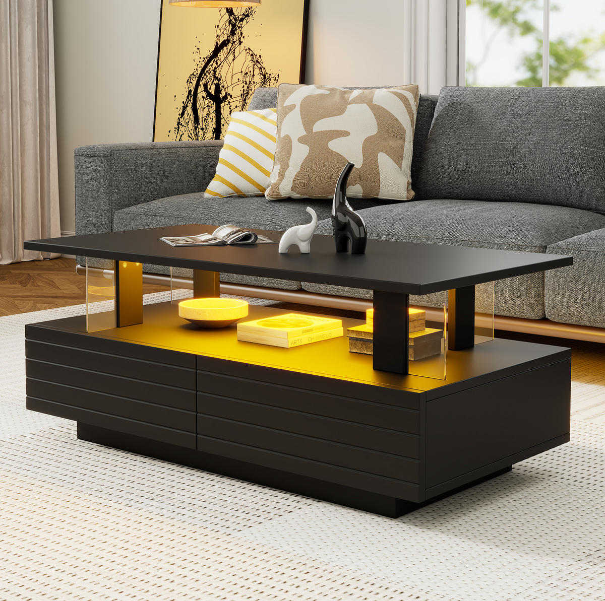 KONFERENČNÍ stolek z akrylu, 100/50/42 cm černý, s LED osvětlením a zásuvkami - černá, kompozitní dřevo (100/50/42.5cm) - BEAOK