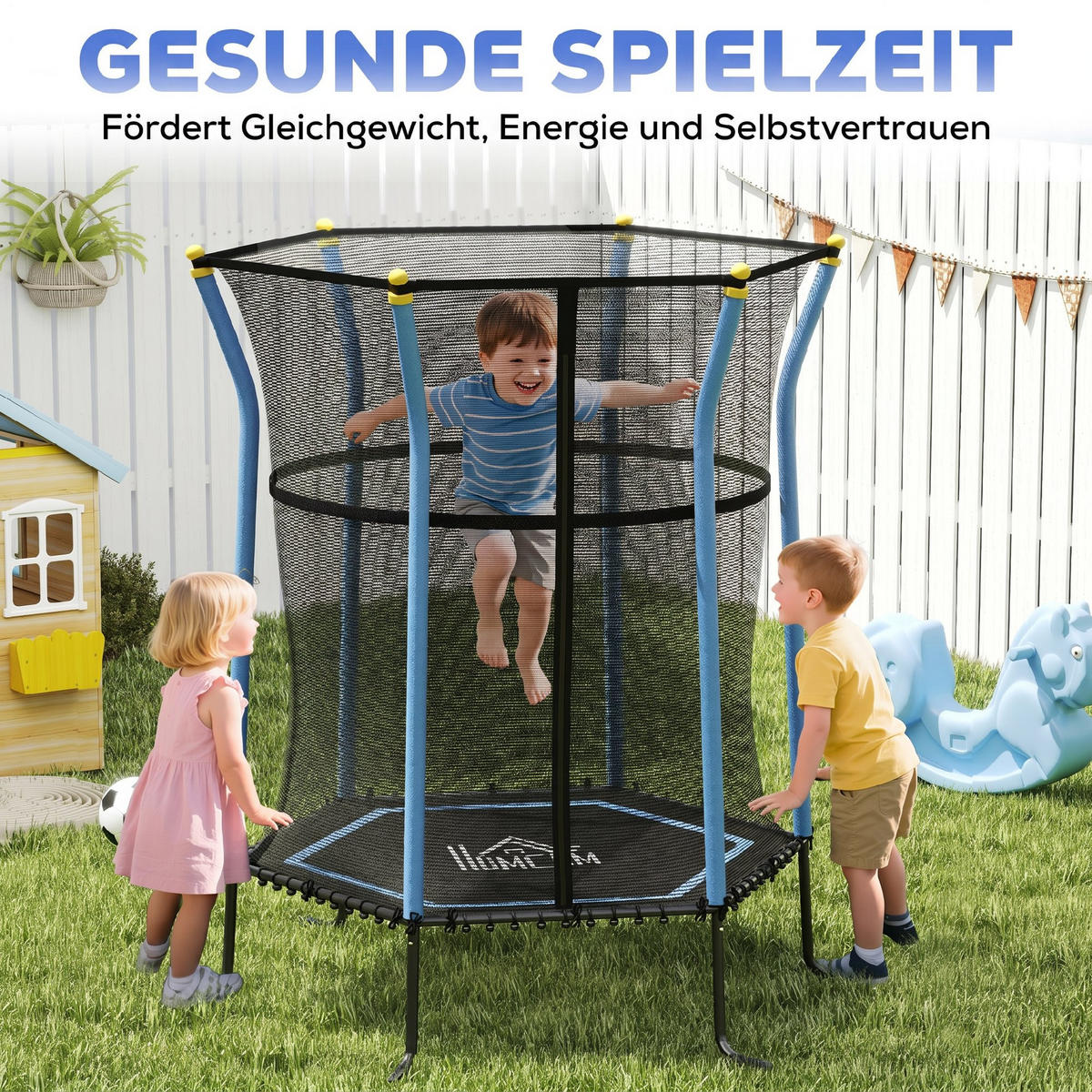 TRAMPOLIN DE-10779 mit Sicherheitsnetz Ø163,5 cm Schwarz & Blau - Blau, Metall (163.5/163.5cm) - ComfortXL