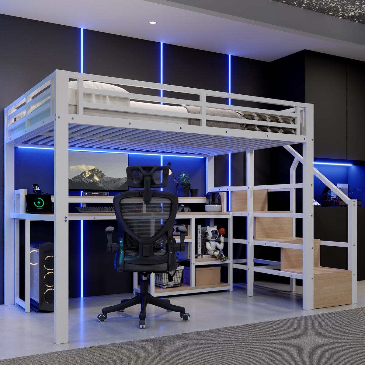 HOCHBETT 140x200 cm in Weiß mit Leiterschrank, LED-Leiste und USB-C-Anschluss - Weiß, Holzwerkstoff (140/200cm) - IVMEU