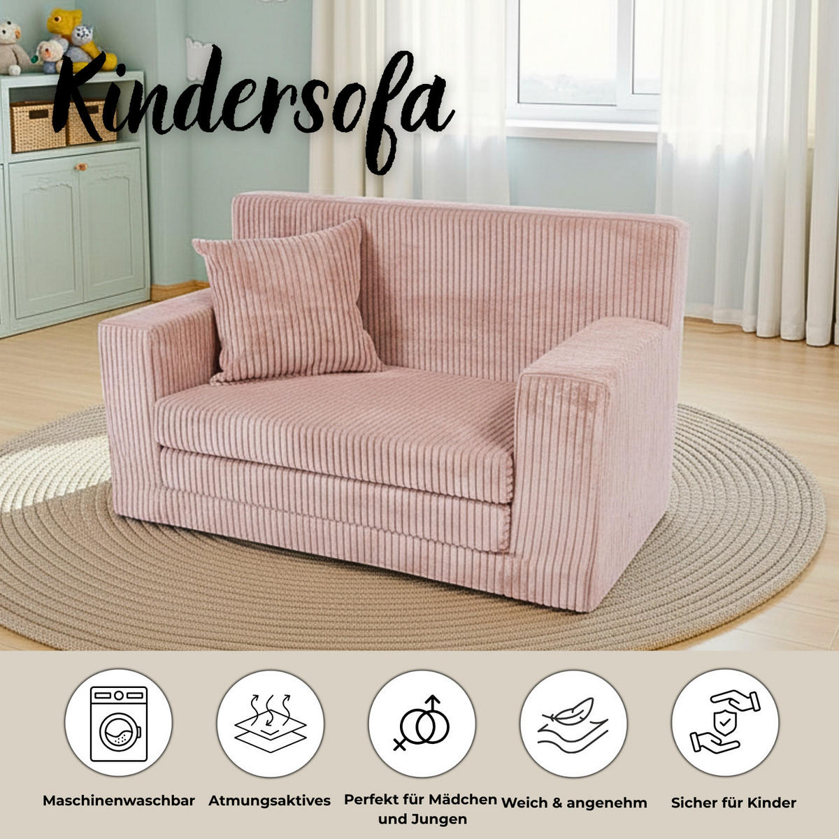 KINDERSOFA aus Kuschel-Cord in Altrosa - Altrosa, Textil (83/47/43cm) - Fortisline