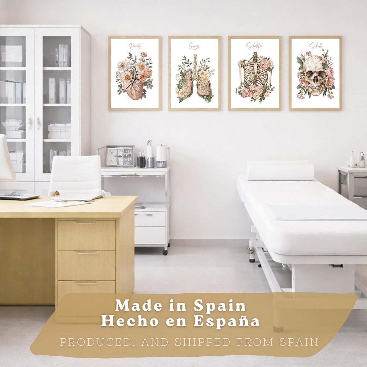 POSTER Set aus 4 Anatomie Mensch Florale Drucke und Wandbilder mit Herz Lungen Skelett und Schädel Stil Wanddekoration Größe Leichter Holzrahmen A4 - Beige, Papier (21/29.7/3cm) - Nacnic