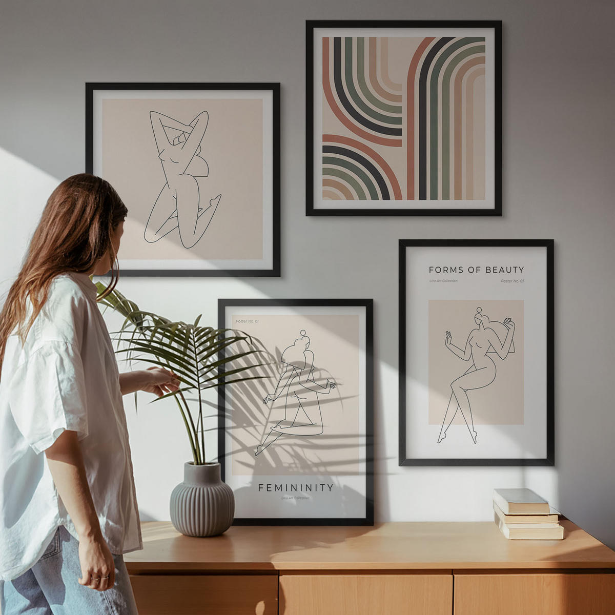 BILDER SET 4er Set - 50x50 cm & 40x60 cm Schwarzer Rahmen - Weibliche Silhouetten auf Plakaten - Schwarz, Kunststoff (50/50cm) - TULUP