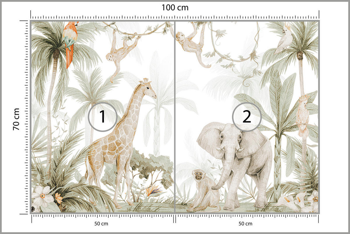 FOTOTAPETE für Kinderzimmer Dschungel Tiere Giraffe Elefant Palmen 100x70 - Ecru/Braun, Papier (100/70cm) - Muralo