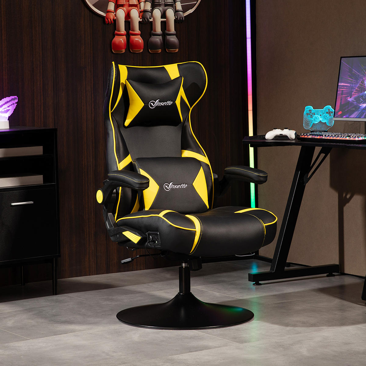 GAMING Stuhl mit Wippen- und Schkelfunktion, ergonomischer Computerstuhl - Gelb, Leder (73/118/69cm) - Vinsetto