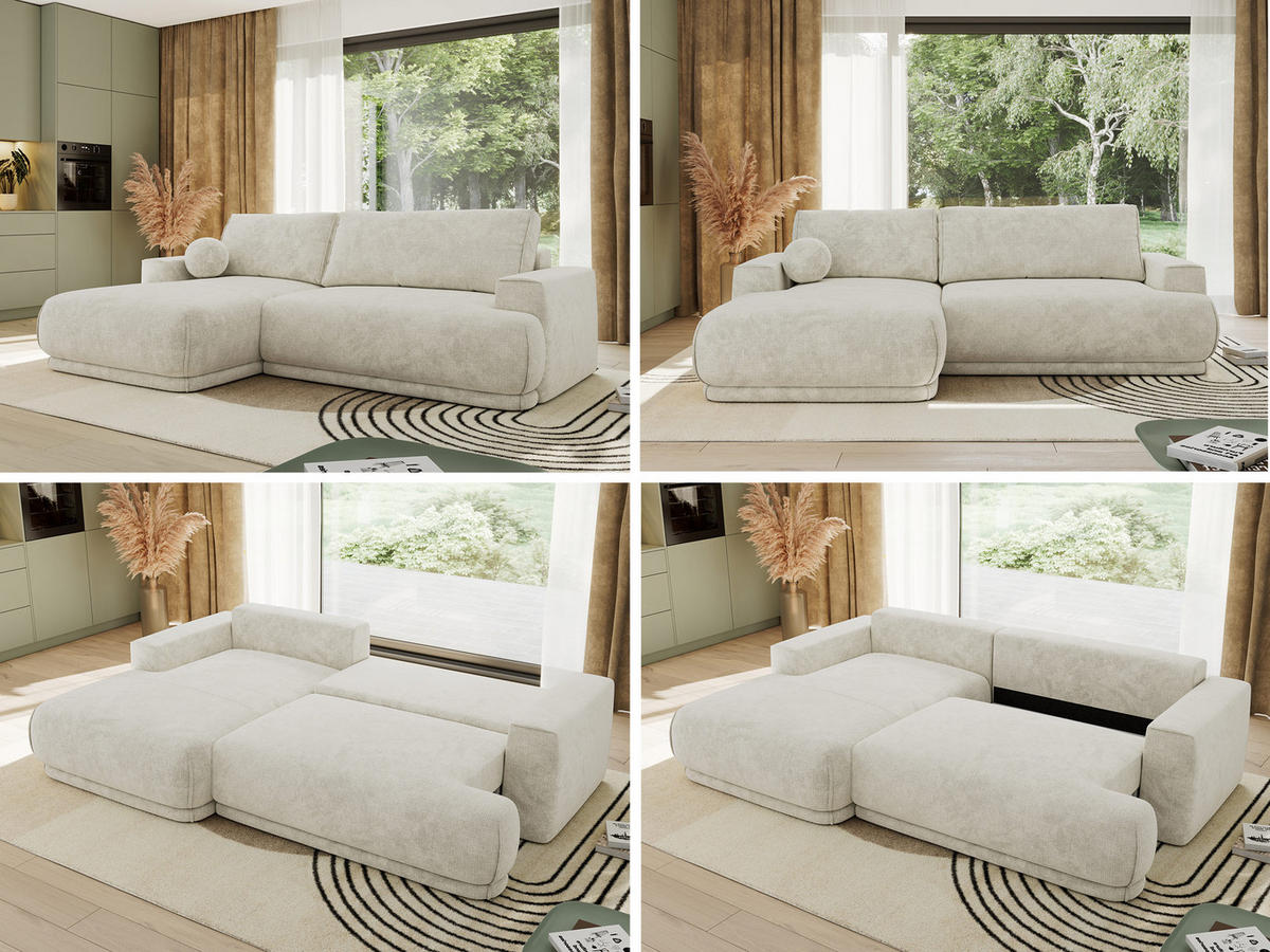 ECKSCHLAFSOFA RINA L Creme Schenille grob gewebt - links - Creme/Schwarz, Kunststoff/Textil (267/170cm) - MKS