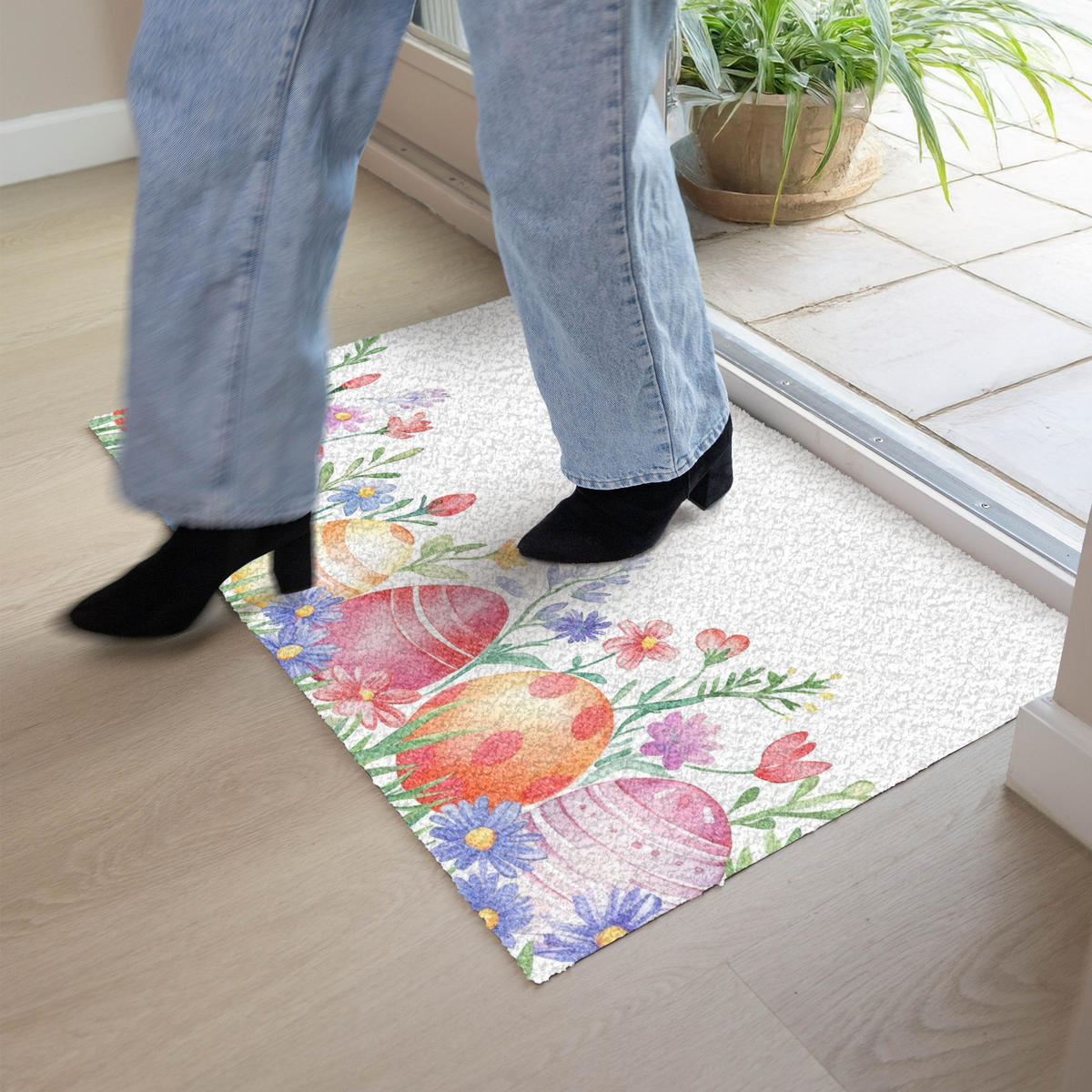 FUSSMATTE Blumengarten - Bunt - Eier 90x60 cm - Multicolor/Weiß, Kunststoff (60/90cm) - MuchoWow