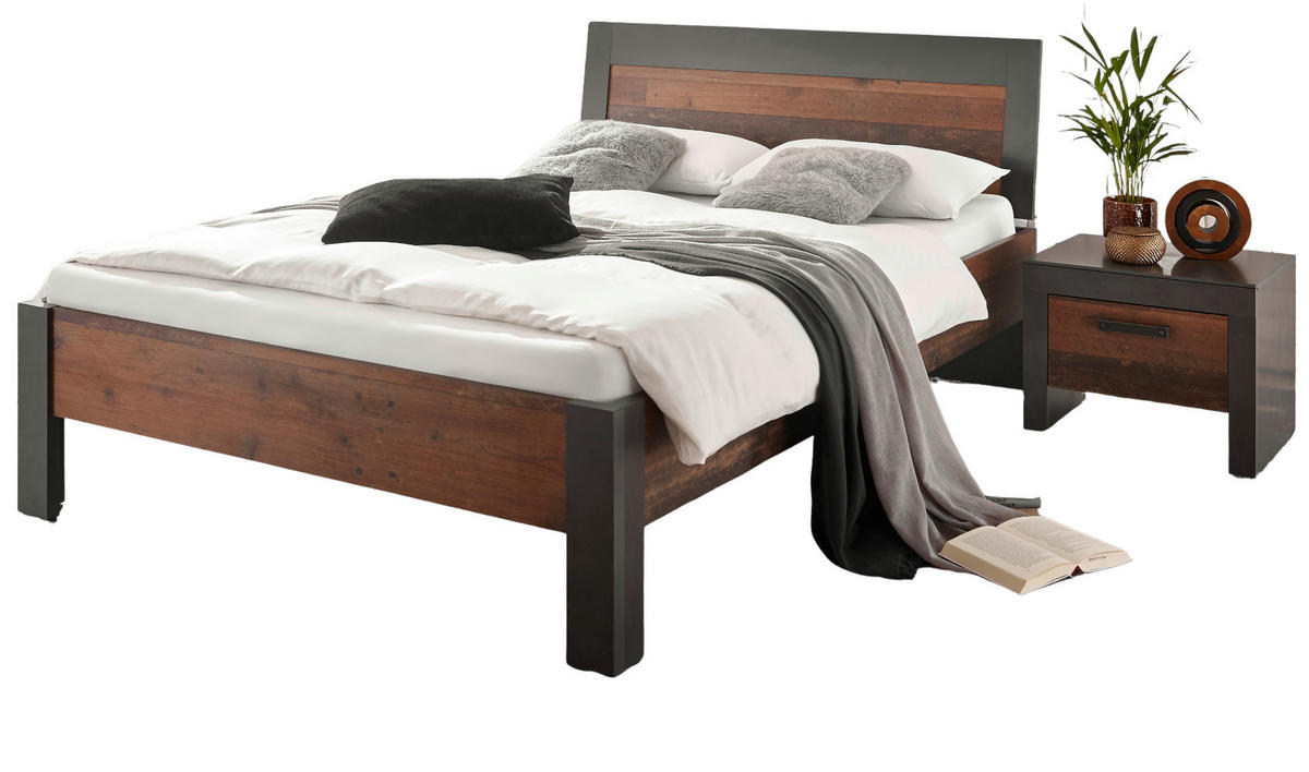 BETTANLAGE Used Wood Shabby Matera grau, Liegefläche 140 x 200 cm, Schlafzimmer Set 2-teilig - Braun/Grau, Holzwerkstoff (140/200cm) - Furn.Design