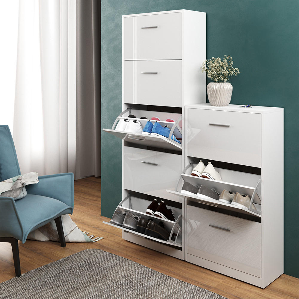 SCHUHKIPPER Gizmo Weiß Hochglanz 59 x 169.5 cm - Weiß Hochglanz, Holzwerkstoff (59/169.5/22cm) - Vicco