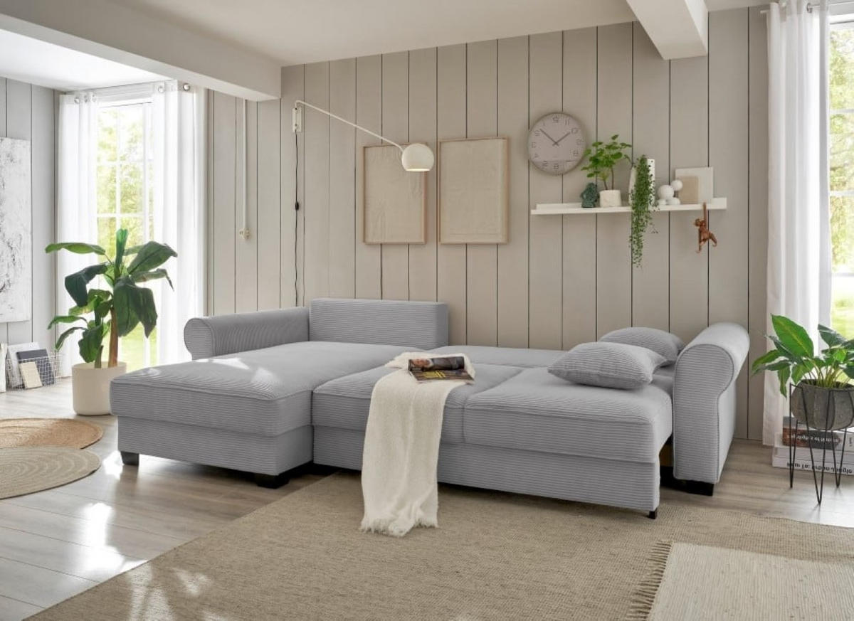 ECKSOFA beidseitig montierbar, Schlaffunktion mit Bettkasten und Nosagfederung in Breitcord - Schwarz/Hellblau, Textil (318/197cm) - ed exciting design