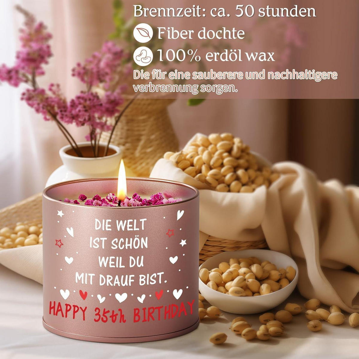KERZE Lavendel 9OZ Metall 50 Stunden Brenndauer - Rosa, Paraffin (7.5cm)