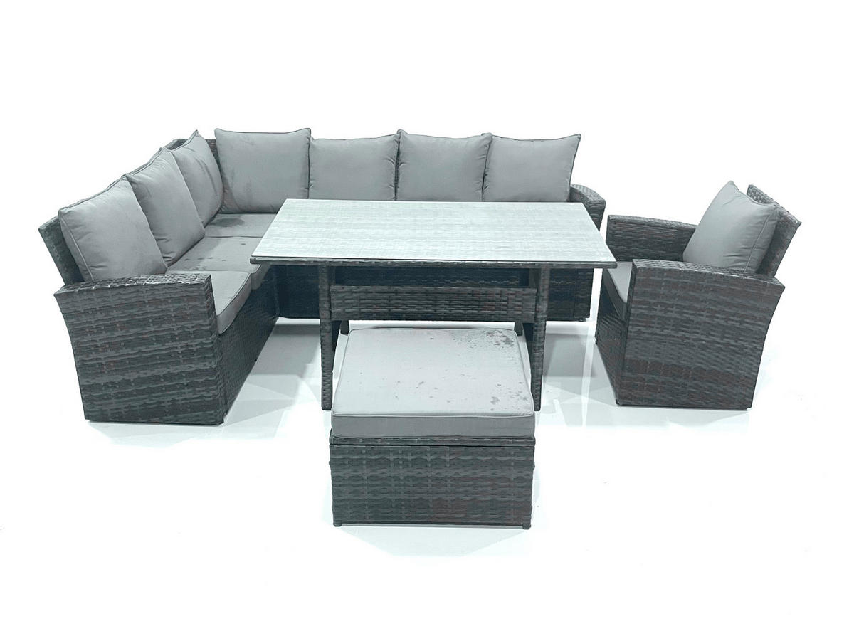 GARTENLOUNGE mit Ecksofa Polyrattan Dunkelgrau 6-Sitzer - Dunkelgrau/Grau, Glas/Kunststoff - Fimous