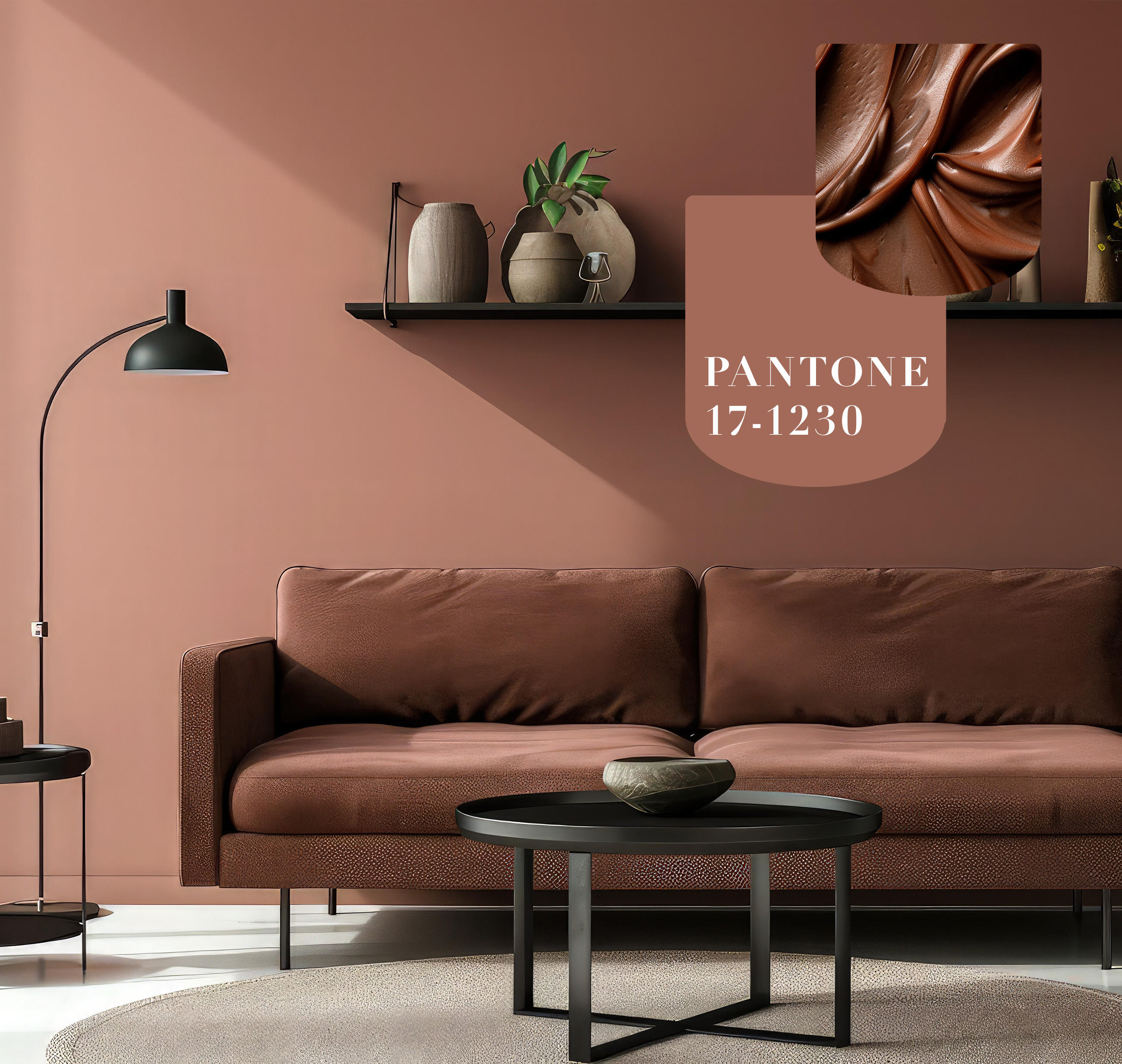 Pantone 17-1230 Wohnzimmer, braunes Sofa, moderne Einrichtung, Innenarchitektur, Wohninspiration"