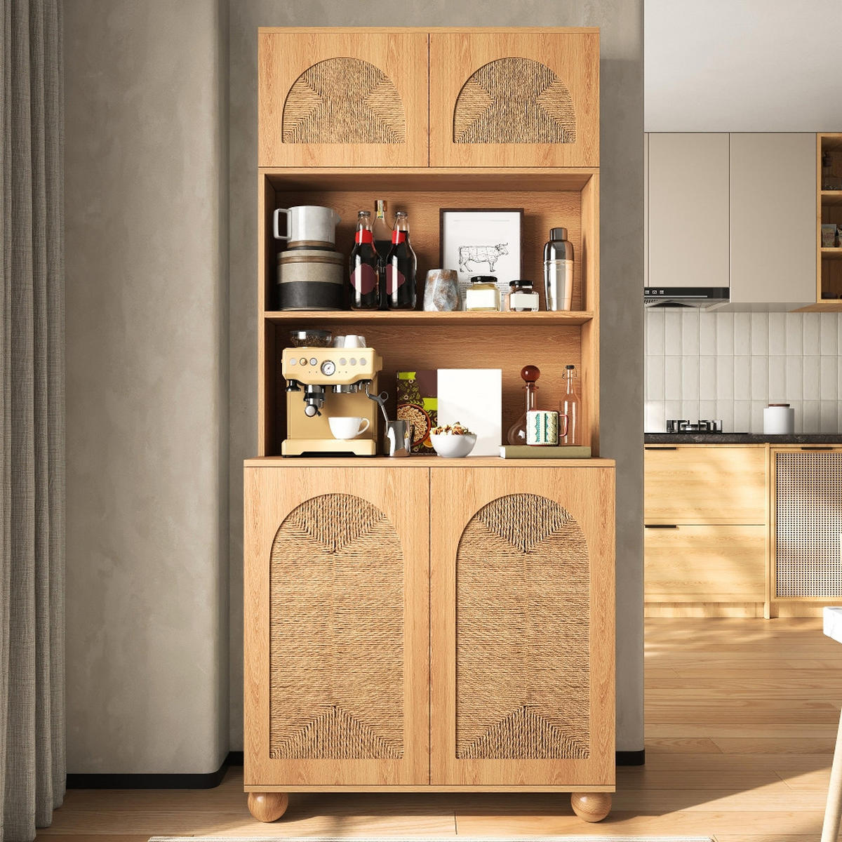 KÜCHENSCHRANK mit Seilgeflecht-Türen, dreigeteilt, Kieferholzfüße, Natur, 80/180/40 cm - Naturfarben, Kunststoff (40/180/80cm) - Rolipo