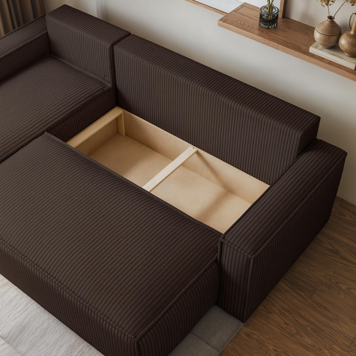 ECKSOFA RAVELO P Braun Kordstoff mit Schlaffunktion - Braun, Holz (240/140cm) - MASSENO