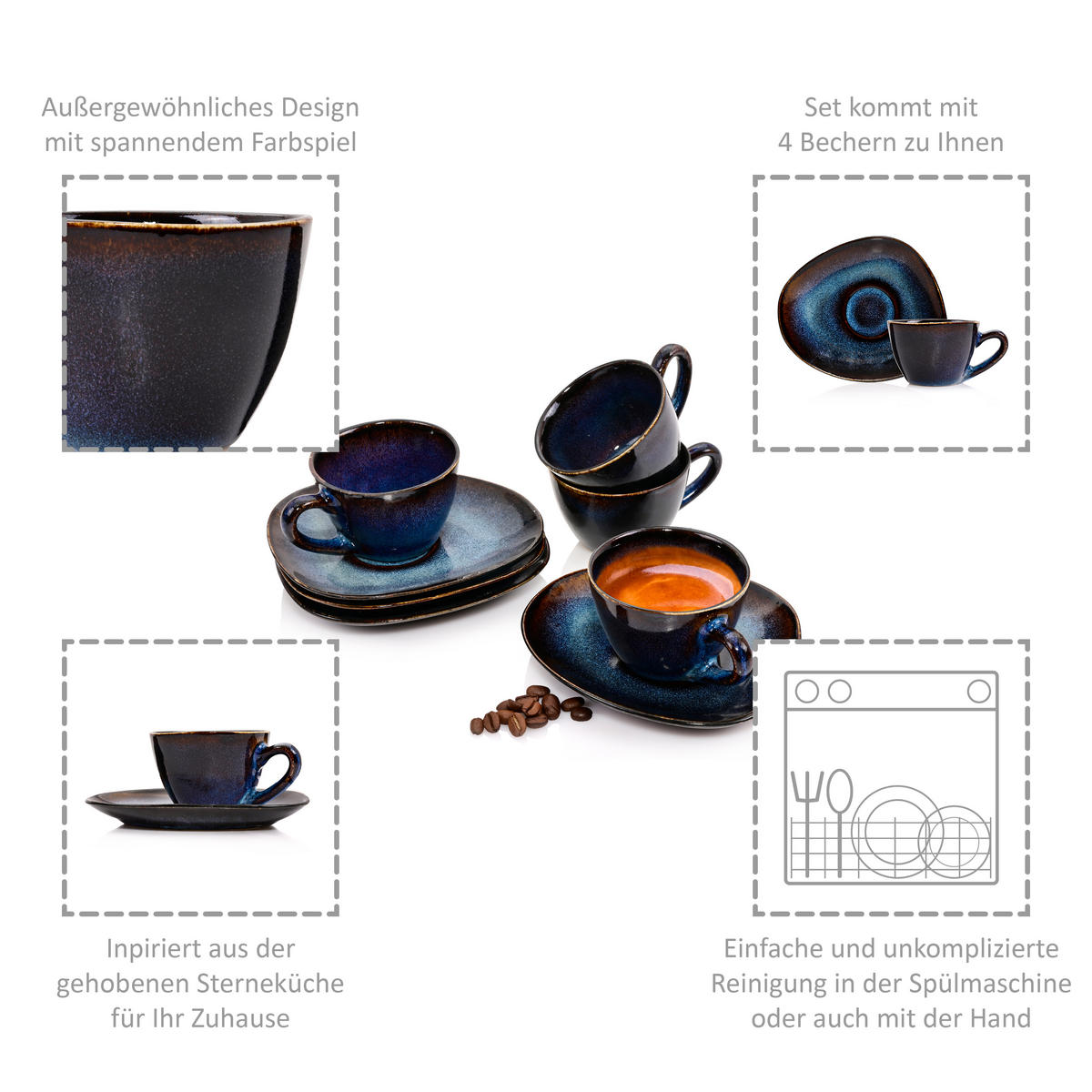 ESPRESSOTASSEN SET TOKIO - 8 teilig aus Steingut - Dunkelblau, Keramik (0.08L) - Sänger