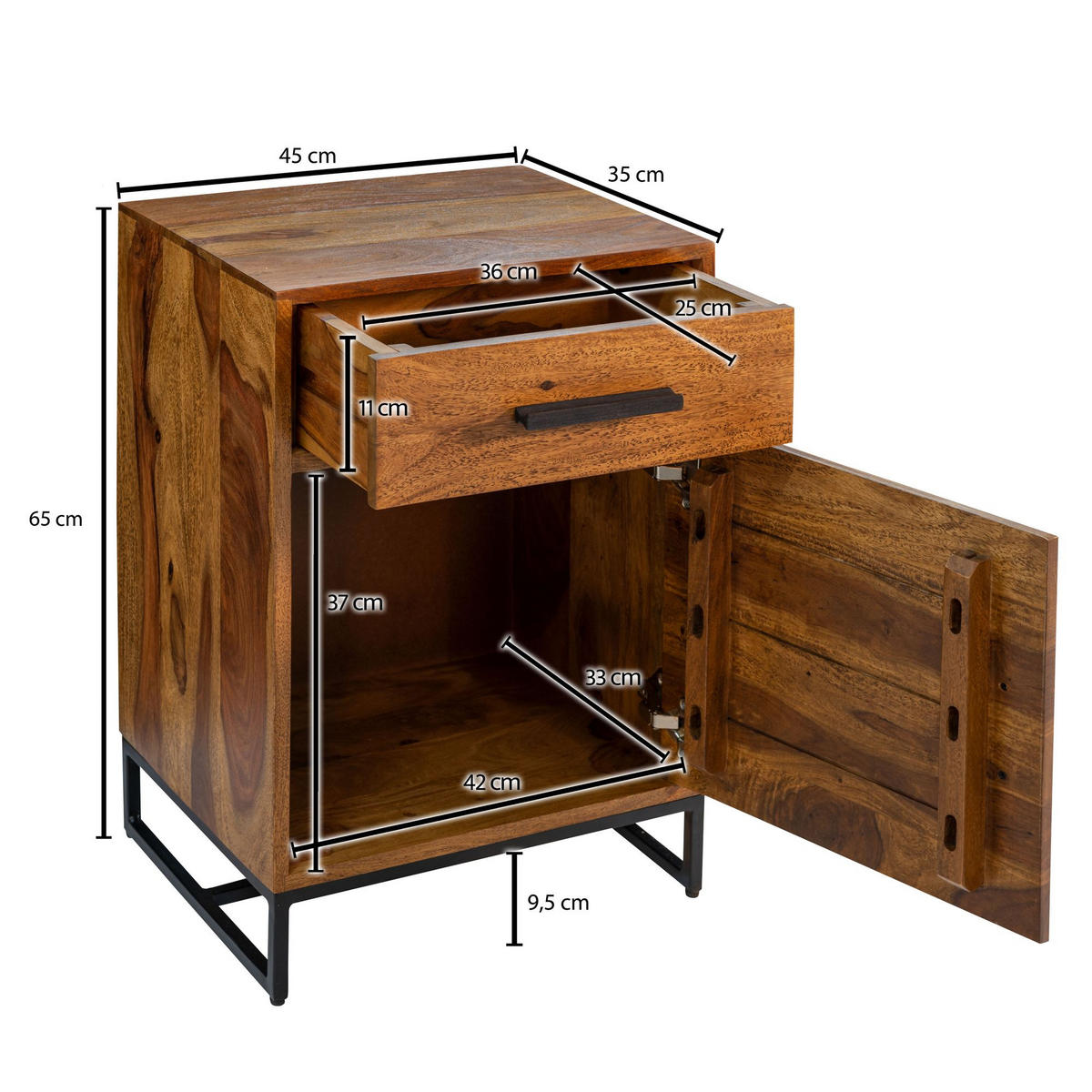 NACHTTISCH – Massivholz/Eisen, Schublade & Tür, Industrial-Stil - Schwarz/Braun, Holz/Metall (45/65/35cm) - KADIMA DESIGN