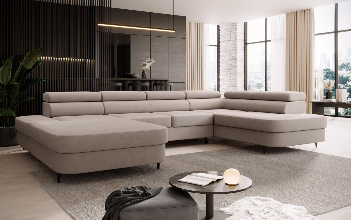 ECKSOFA U-form PRIAM U mit Schlaffunktion, Bettkasten & Easy-Clean-Stoff - Beige/Schwarz, Holz/Textil (203/91/350cm) - Muffo