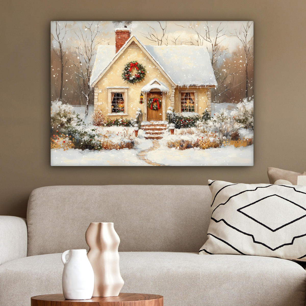 LEINWANDBILD Weihnachten - Zuhause - Winter - Schnee Wandbilder 80x60 cm - Creme, Textil (80/60cm) - MuchoWow