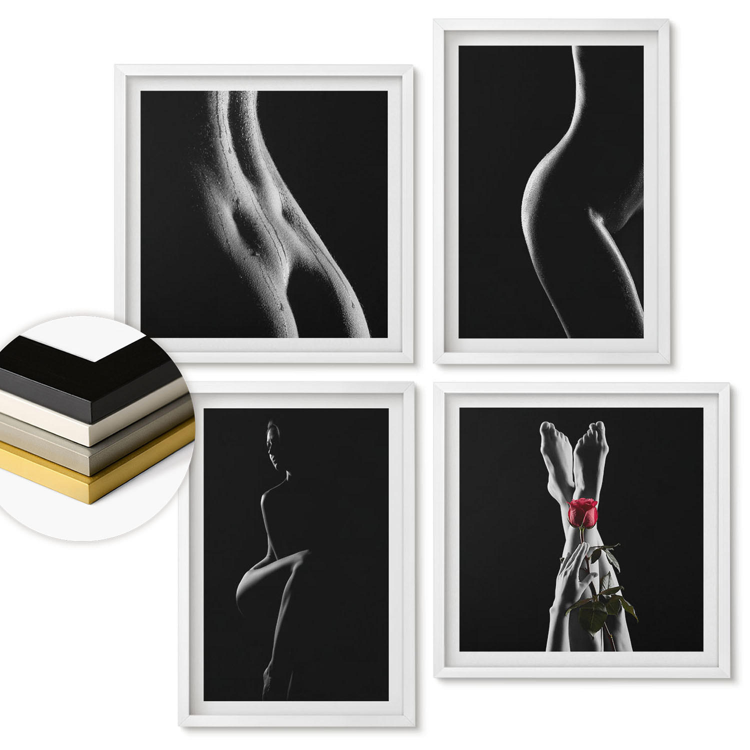 WANDBILDER 4er-Set - 50x50 cm & 40x60 cm Weißer Rahmen - Schwarze und weiße weibliche Formen - Weiß, Kunststoff (50/50cm) - ArtPrintCave