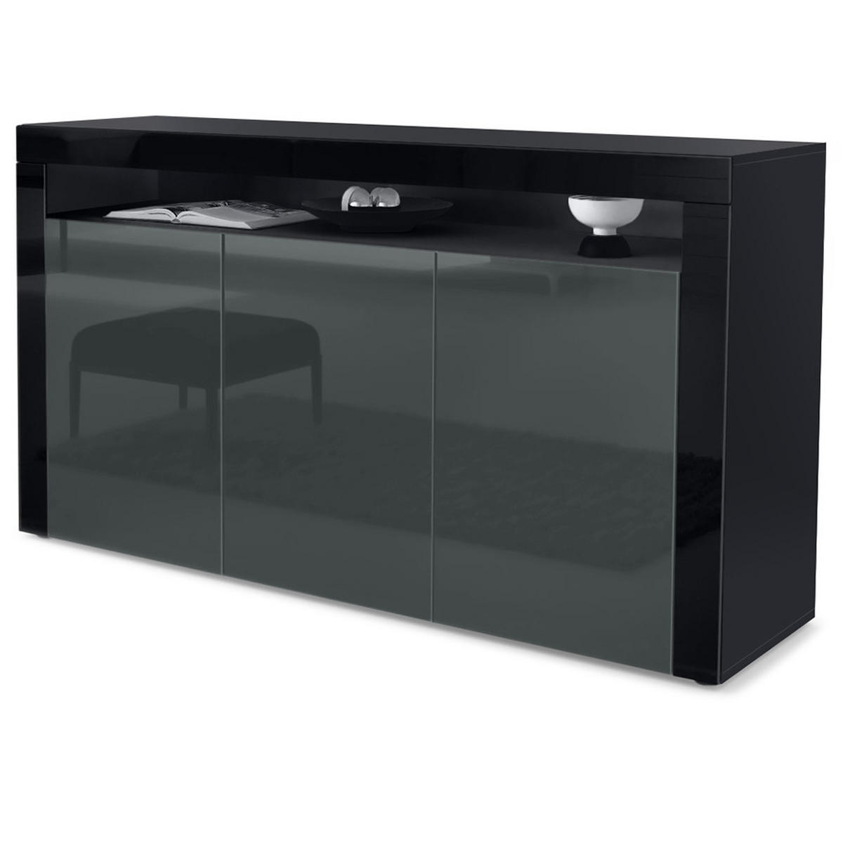 SIDEBOARD Valencia Grau Hochglanz / Schwarz Hochglanz - Grau, Holzwerkstoff (155/92/40cm) - Vladon