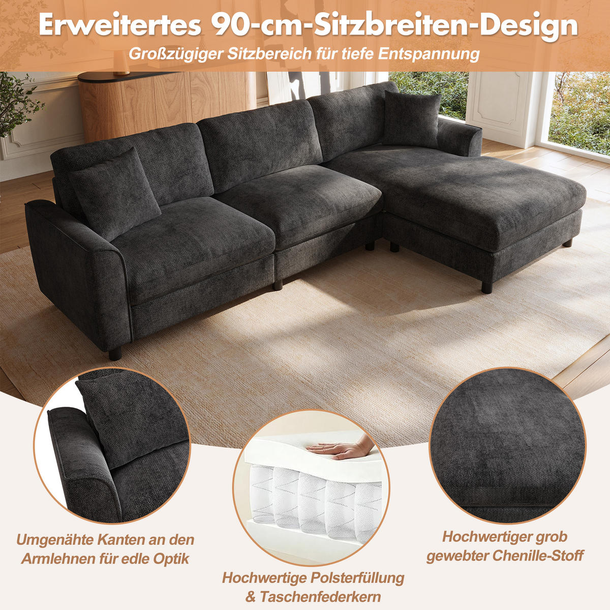 ECKSOFA 256/137/79 cm Grau mit umstellbarer Liegeelement - Grau, Kunststoff/Textil (256/137cm) - Oxeza