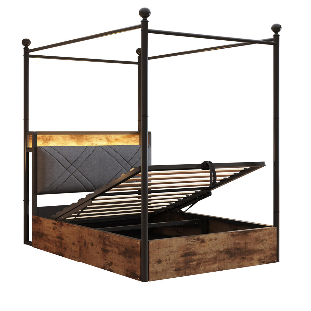 METALLBETT 90/190 cm Schwarz mit Stauraum, LED-Beleuchtung und USB-/Type-C - Schwarz, Metall (90/190cm) - Flora Grace