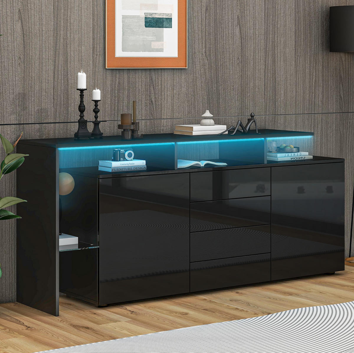 SIDEBOARD mit LED 160 cm Schwarz Hochglanz - Schwarz, Holzwerkstoff (160/70/35cm) - Meubliv