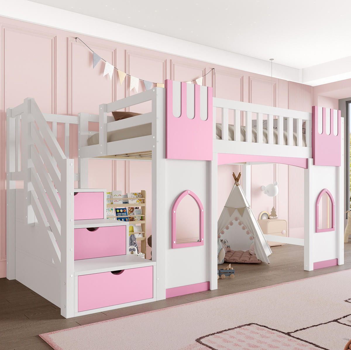 PATROVÁ postel 90/200 cm bílá/růžová z MDF a borovice se schody - bílá, kompozitní dřevo (90/200cm) - OKWISH