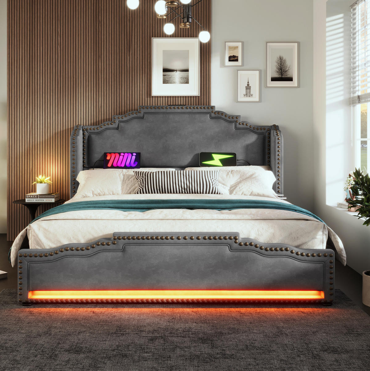 ČALOUNĚNÁ postel 169/214/120 cm, šedá sametová, s LED osvětlením, USB-C a úložnými šuplíky - šedá, textil (160/200cm) - BEAOK
