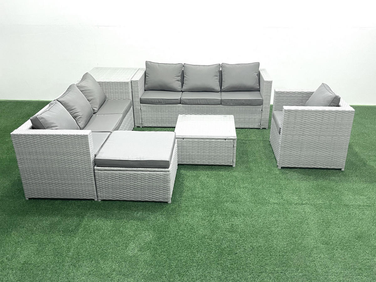 GARTENMÖBEL-SET mit Kissen Polyrattan Hellgrau-Mix 8-Sitzer - Hellgrau/Grau, Glas/Kunststoff - Fimous