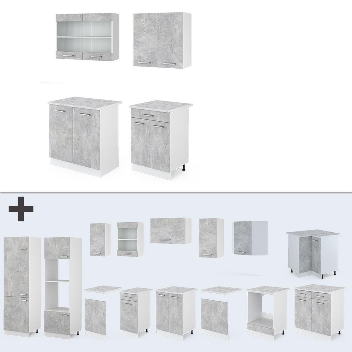 KÜCHENZEILE R-Line Beton/Weiß 140 cm, AP Eiche - Schieferfarben/Weiß, Holzwerkstoff (140/81.6/60cm) - Vicco